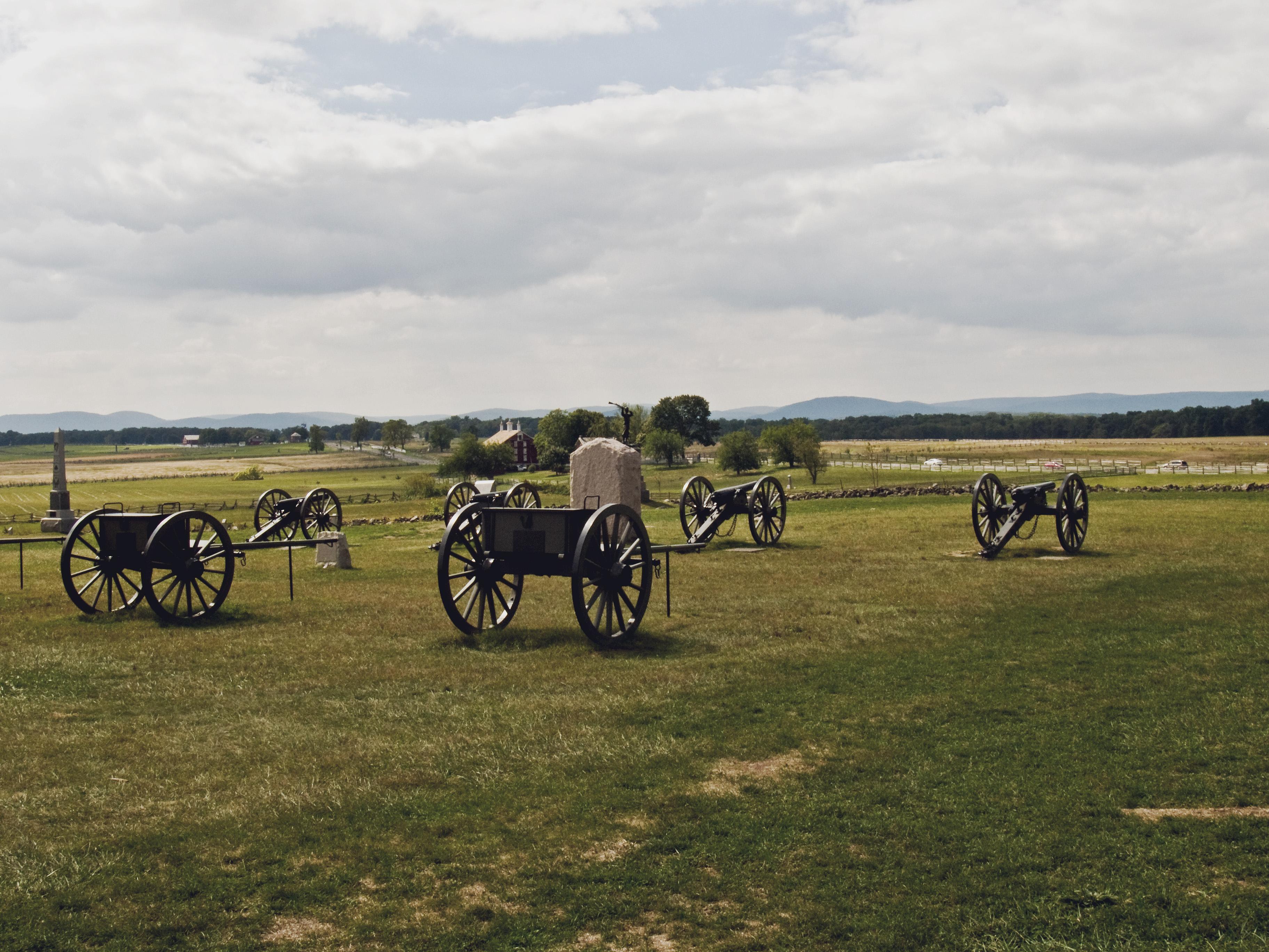 Caissons and cannon on the Gettysburg battlefield.