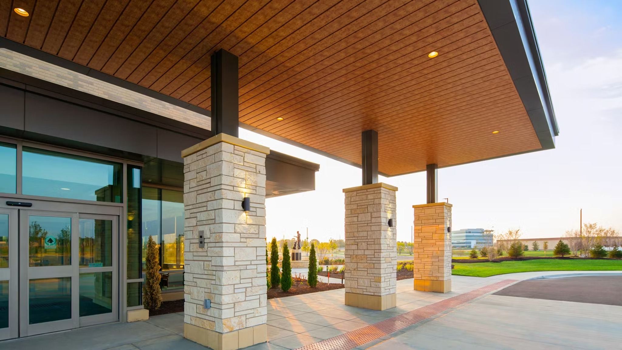 Rockfon Specialty Metal Planar soffit at a building entrance