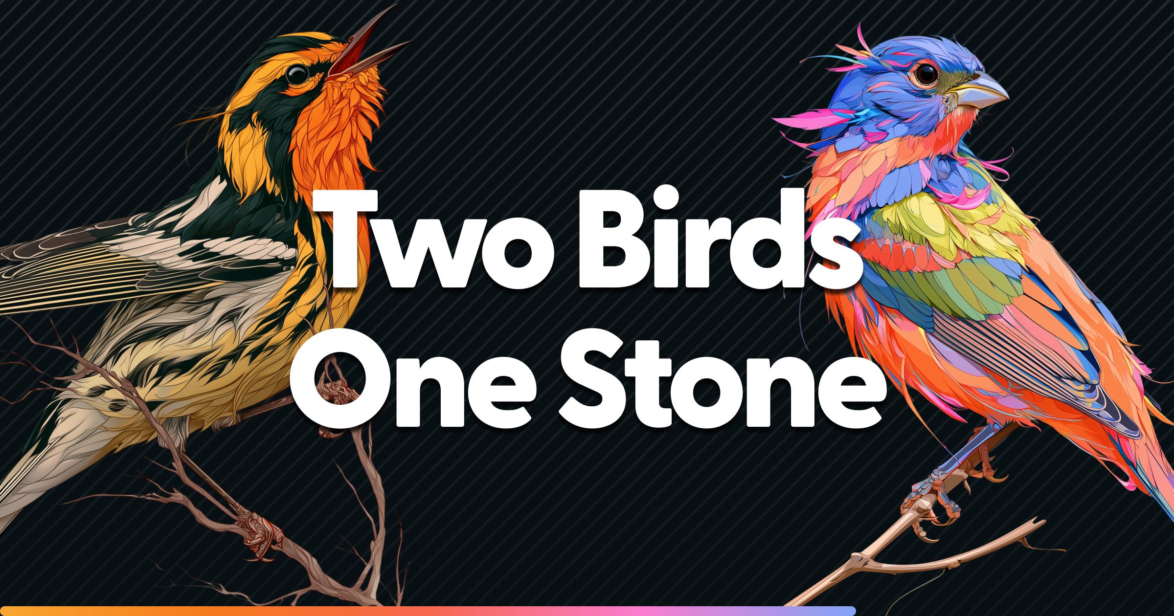 Two birds facing the words "Two Birds One Stone"
