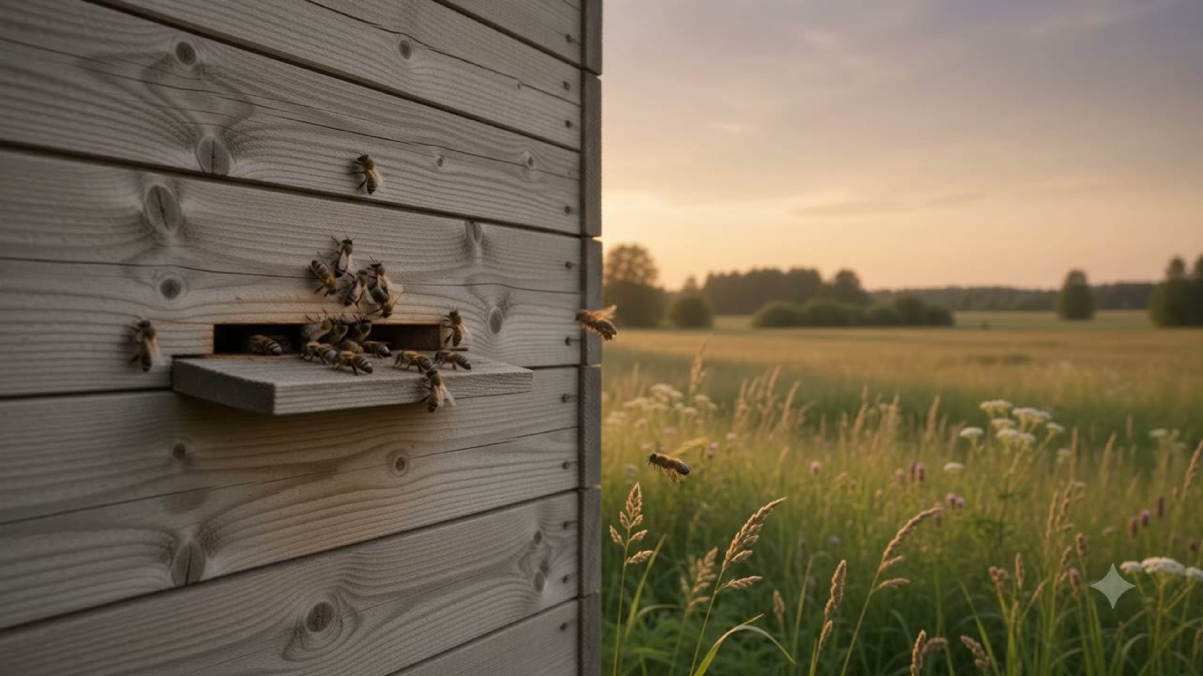 Bier ved inngangen til en trebikube, en eng i solnedgang bak