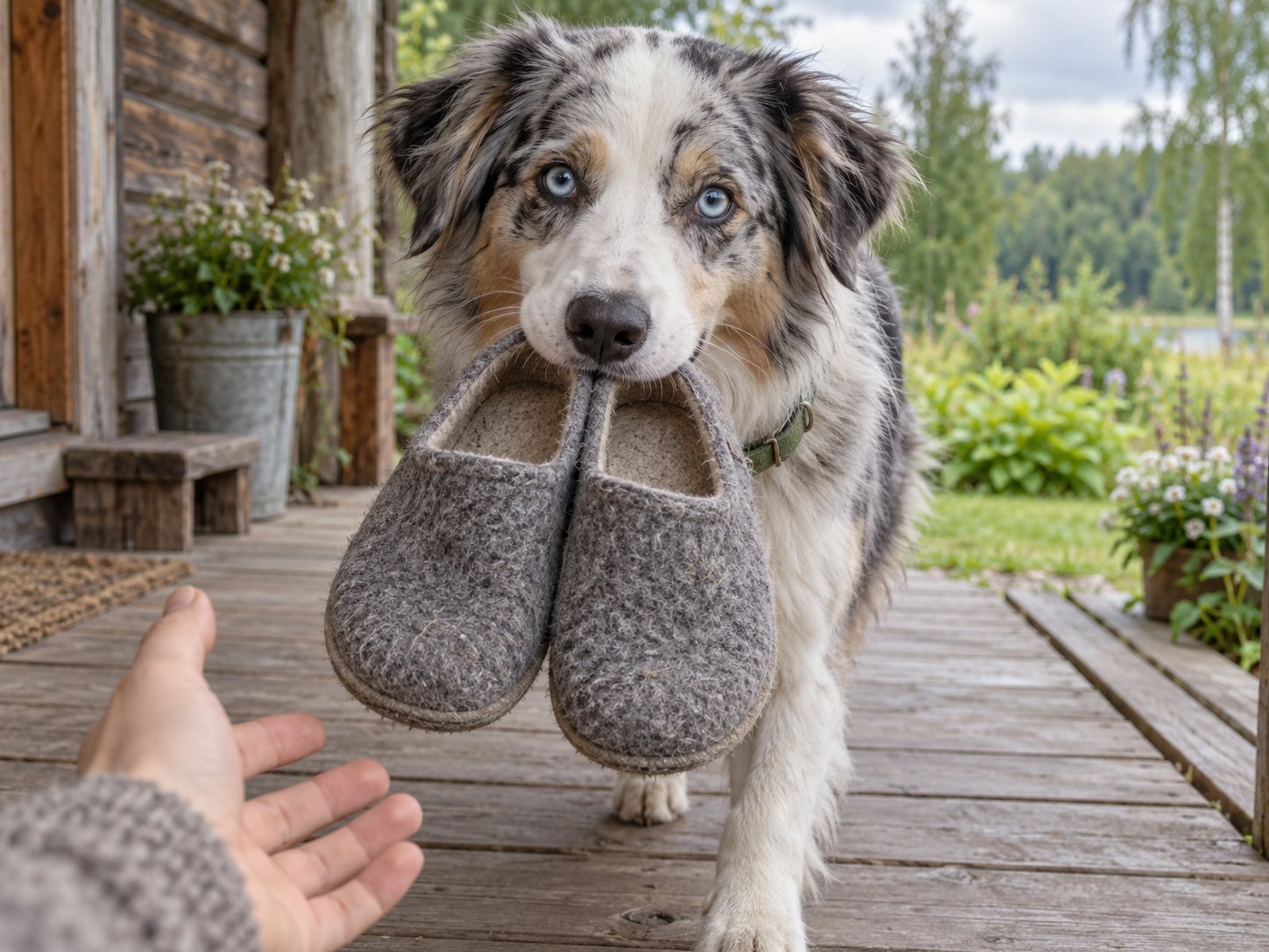 En gjeterhund med et par tøfler i munnen, nærbilde