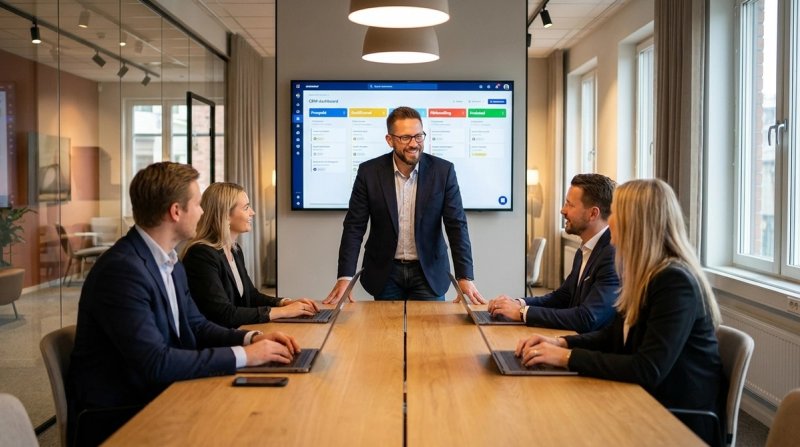 Anders Bratland presenterar en CRM-pipeline för ett säljteam vid ett mötesbord.