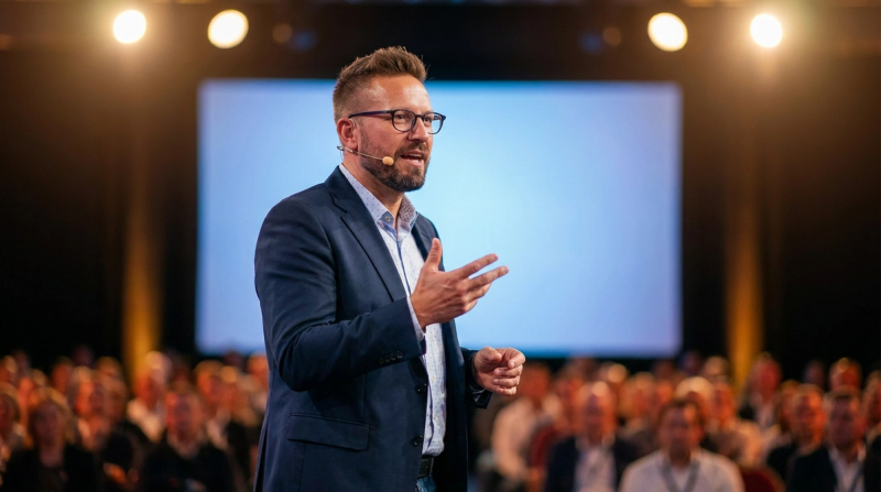 Anders Bratland håller keynote på stor scen framför publik om framtidens arbetsliv.