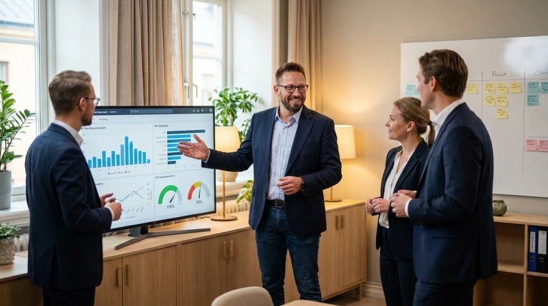 Anders Bratland diskuterar KPI-dashboard med ett ekonomiteam.