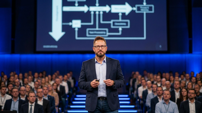 Anders Bratland på stor konferensscen om digital transformation, framför en stor publik och projicerat flödesschema.