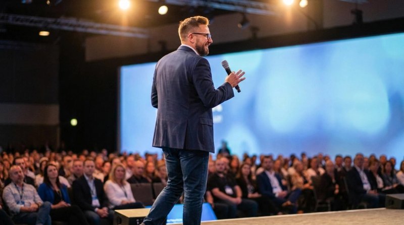 Anders Bratland mid-rörelse på keynote-scen om AI-resan, framför en stor seated publik.