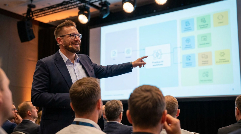 Anders Bratland pekar på projicerade AI-verktyg på stor scen, åhörare i förgrund.