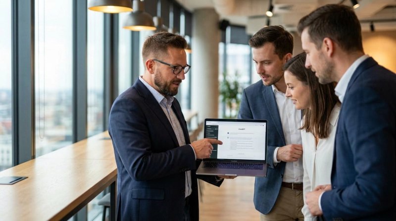 Anders Bratland visar ChatGPT-gränssnittet på en MacBook för tre företagskollegor i en huddle.