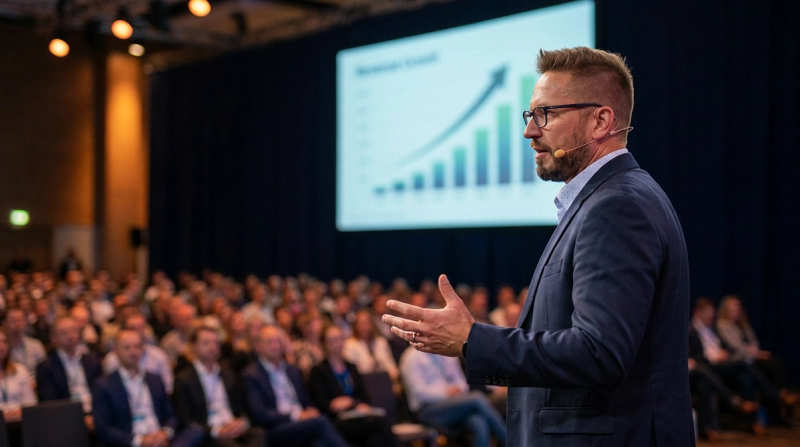 Anders Bratland håller keynote på stor scen om AI-resan för moderna företagsledare, publik och resultatdiagram synliga.