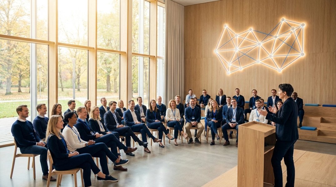 Team samlat på en höstkickoff och lyssnar på en AI-föreläsare i ett ljust konferensrum