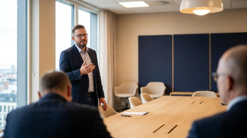 Anders Bratland leder ett styrelse-/ledningsmöte i ett modernt mötesrum.