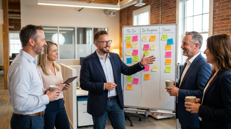 Anders Bratland leder ett standup-möte vid en kanban-tavla med chefer.