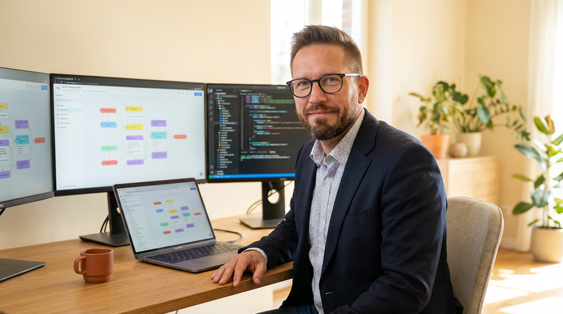 Anders Bratland vid skrivbordet med flera skärmar som visar AI-flöden och kod.