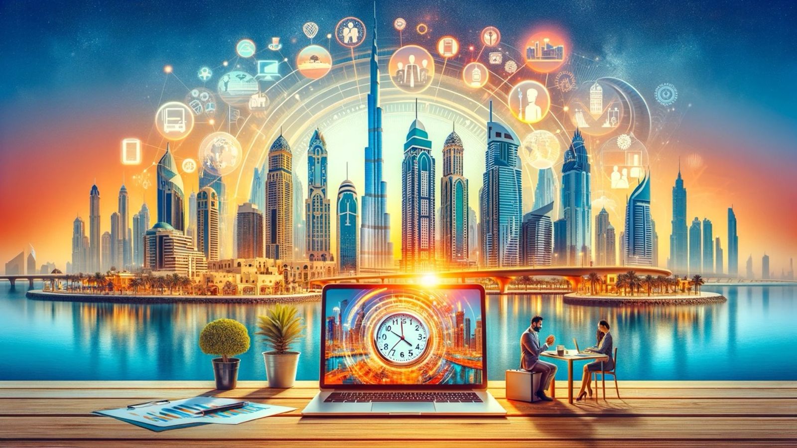 Laptop in front of Dubai skyline