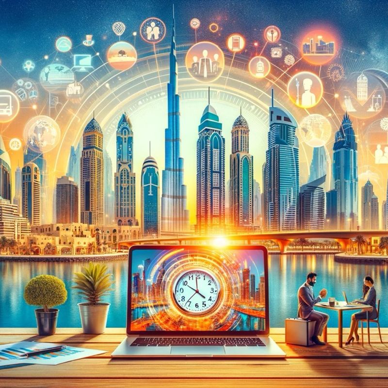 Laptop in front of Dubai skyline