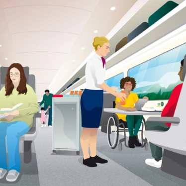Wheelchair user on board Eurostar train illustration