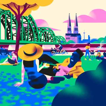 Illustration colorée de personnes assises au bord de la rivière à Cologne, profitant d'une journée ensoleillée. À l'arrière-plan, on peut voir la cathédrale de Cologne et des bâtiments animés, créant une atmosphère vivante et invitante.
