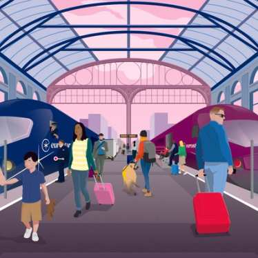 Passengers on the platform getting onto Eurostar trains
