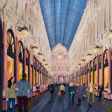 Illustration, réalisée pour Eurostar, de la Galerie Royale Saint Hubert de Bruxelles, avec le plafond de verre et les boutiques et restaurants le long de la galerie.