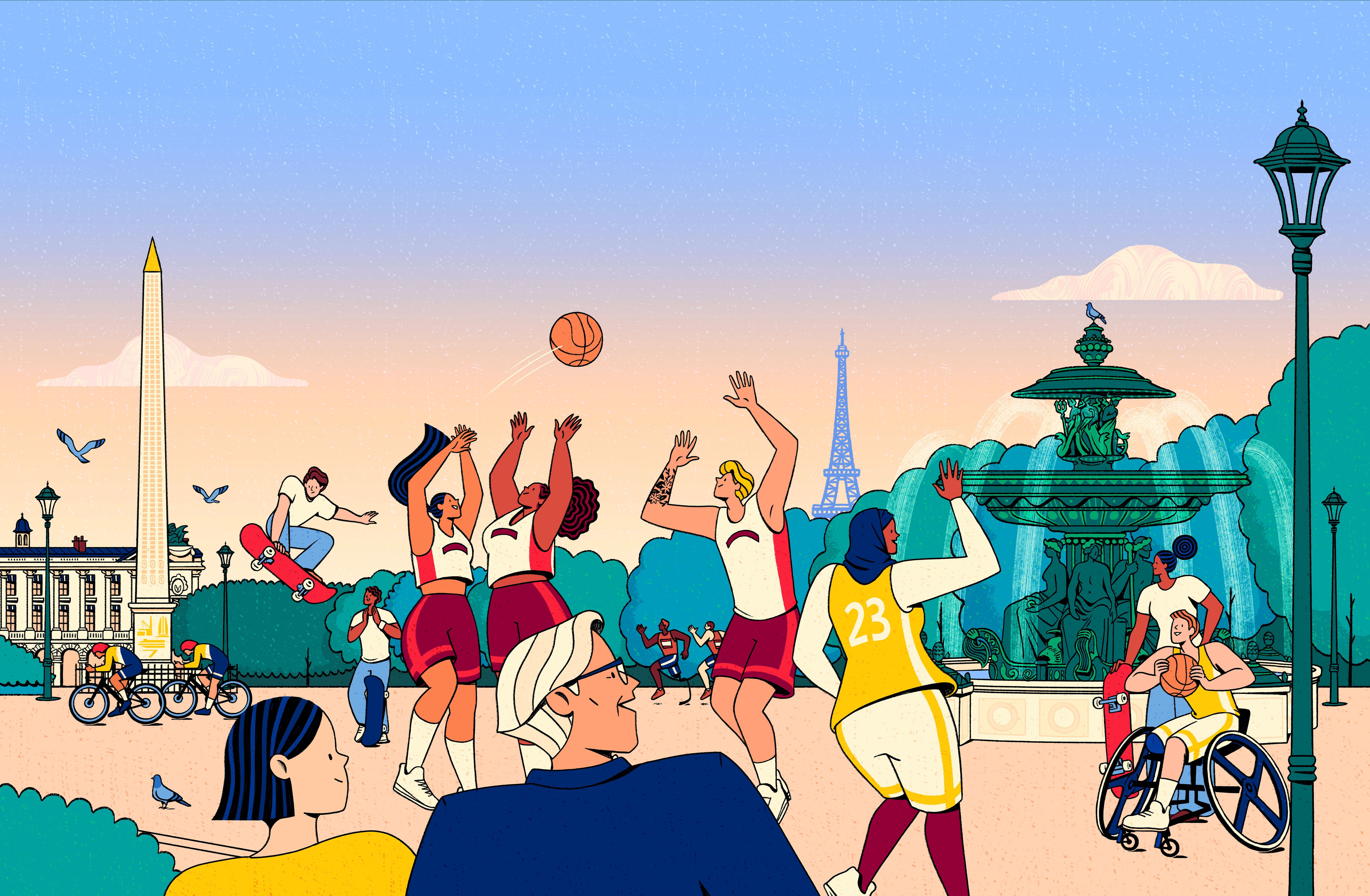 Vor dem Hintergrund berühmter Pariser Sehenswürdigkeiten wie dem Eiffelturm spielen Menschen vor den Augen der Eurostar-Mitarbeiter verschiedene olympische Sportarten für die Olympischen Spiele in Paris 2024. 