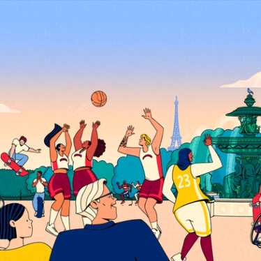 Vor dem Hintergrund berühmter Pariser Sehenswürdigkeiten wie dem Eiffelturm spielen Menschen vor den Augen der Eurostar-Mitarbeiter verschiedene olympische Sportarten für die Olympischen Spiele in Paris 2024. 