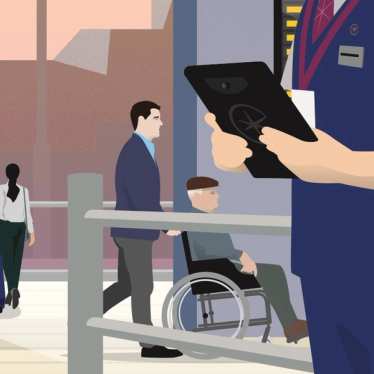 Illustration of wheelchair user and companion at Eurostar departures
