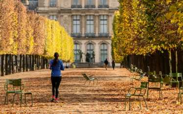 A woman goes for a jog amid golden-coloured trees in the Jardin des Tuileries