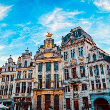 Panoramic view of the Grand Place in Brussels, showcasing its stunning architecture, including ornate guildhalls and the Town Hall.
