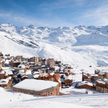 A view across a ski village in the French Alps.