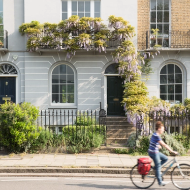 Une cycliste passe devant de charmantes maisons londoniennes couvertes de glycines printanières, choisissant une option écologique à chaque étape avec Eurostar.