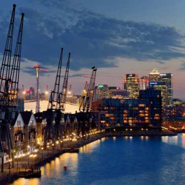 Lights reflecting on the water in the London docklands