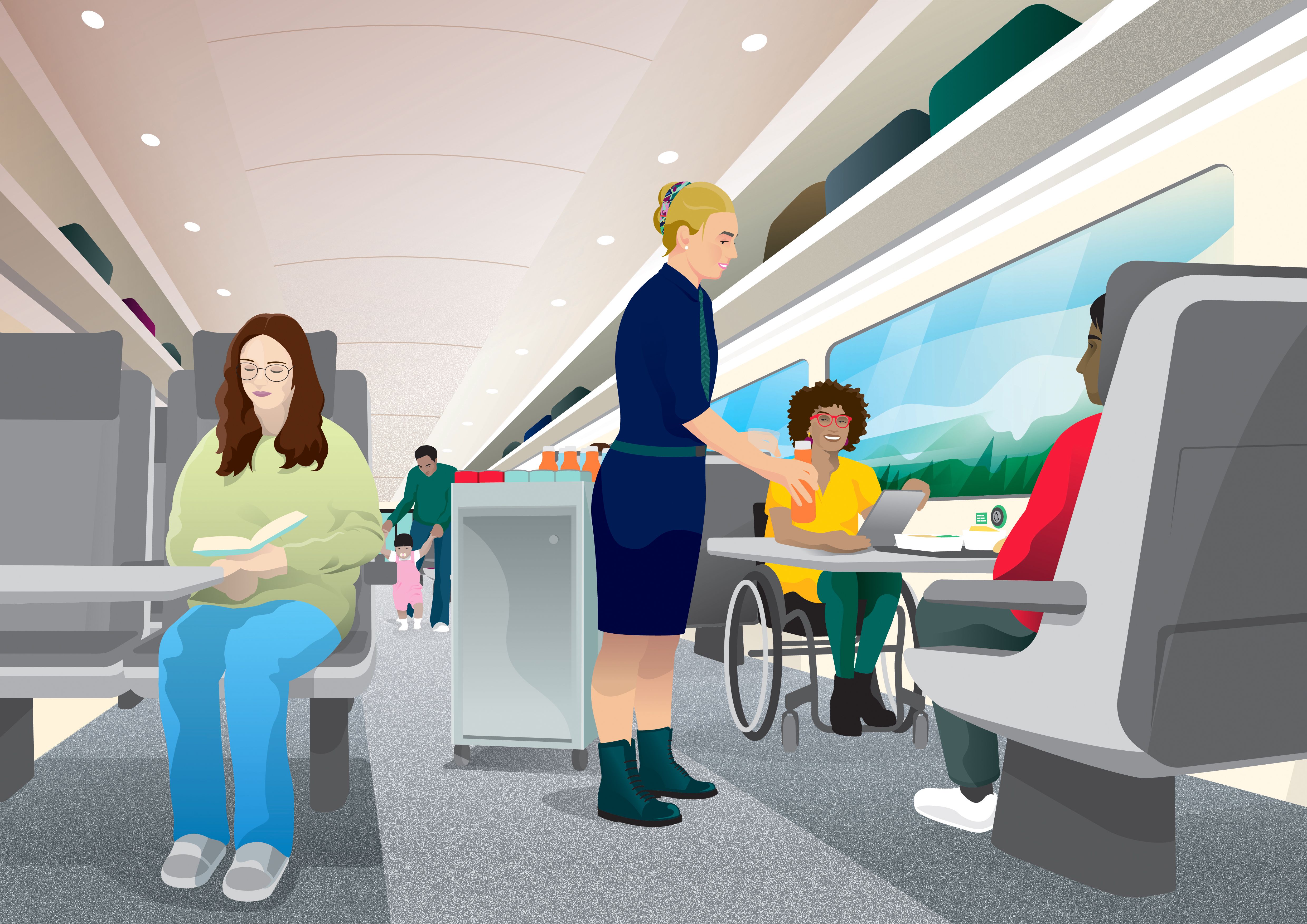 Illustration of a wheelchair user on board the Eurostar train