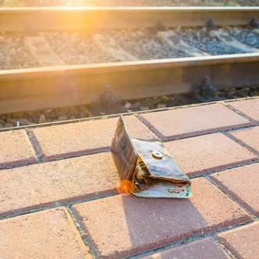 The concept of lost money is depicted by a lost leather wallet with money on the sidewalk railroad treck.