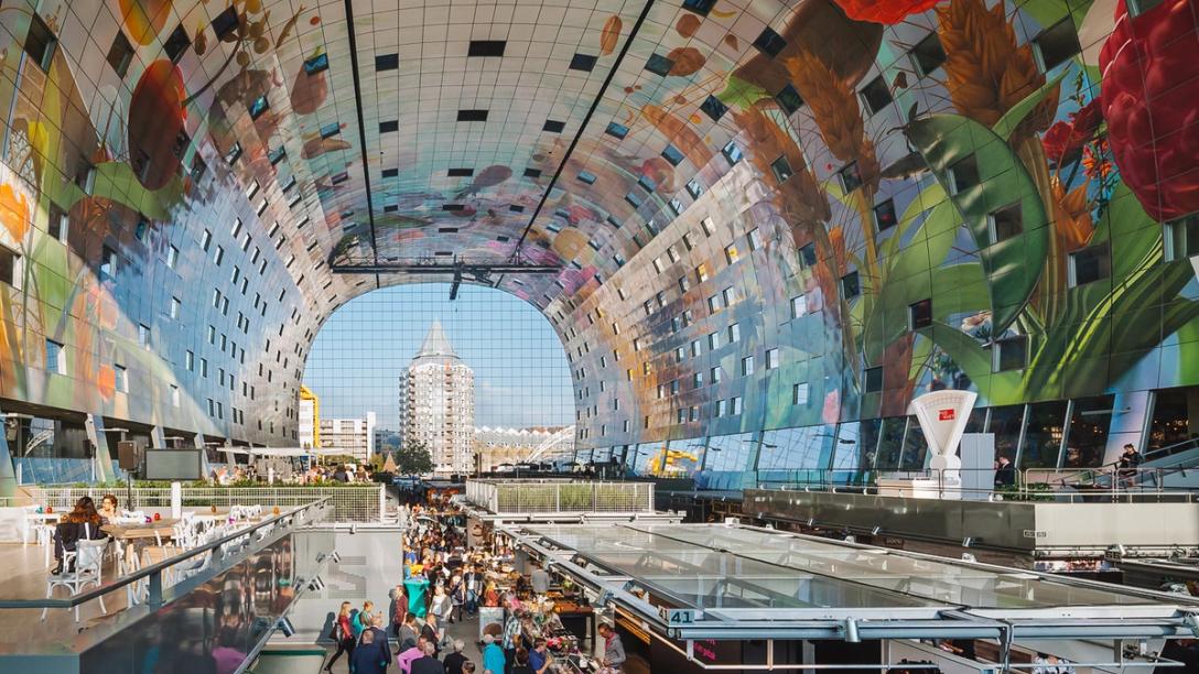 Colourful murals on the ceiling of the Markthal in Rotterdam