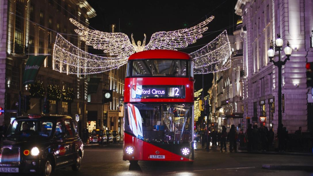 Bus on Oxford street during Christmas