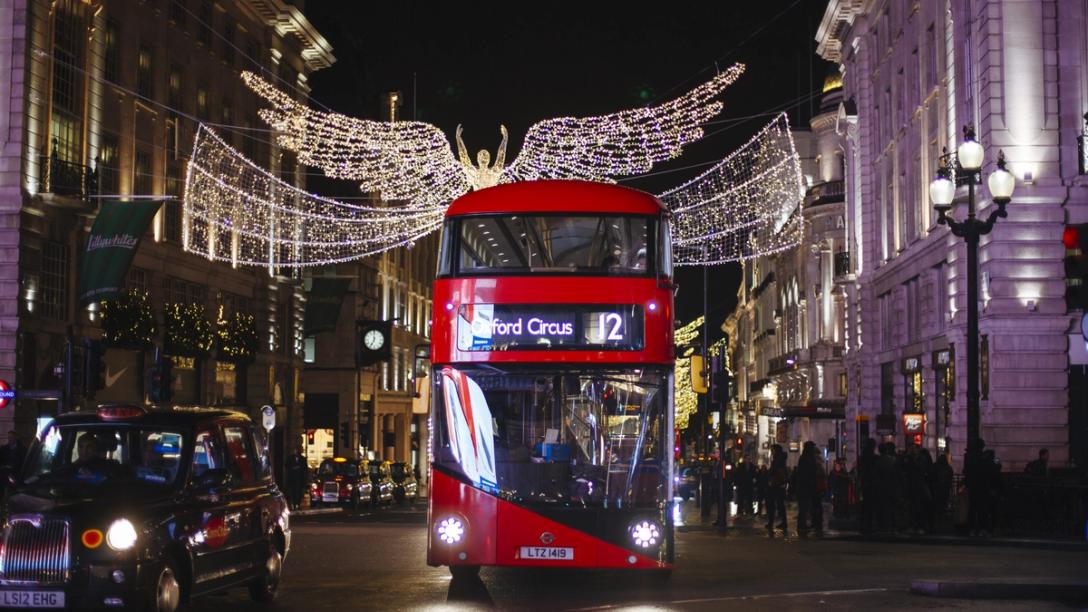 Bus on Oxford street during Christmas