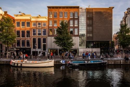 A view of people across the canal outside the Anne Frank house.