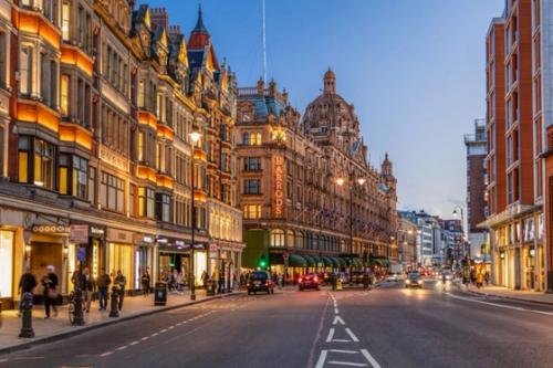 A view of the street outside Harrods department store in Knightsbridge.