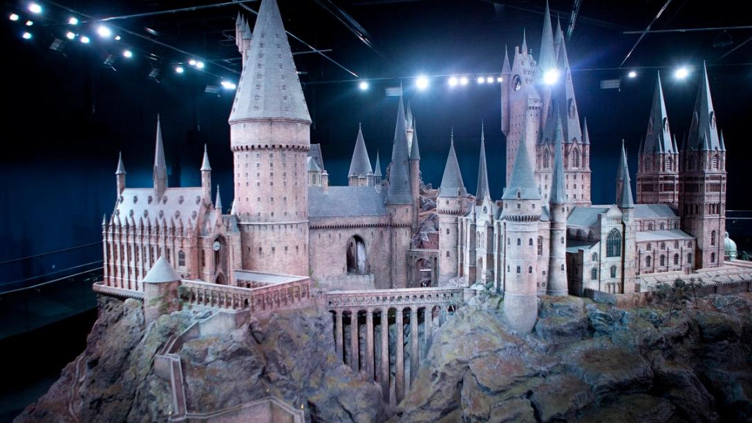 The Hogwarts Castle model lit up at the Warner Bros. Studio Tour.