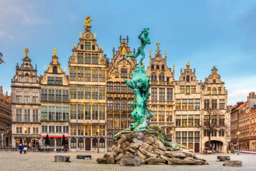 A view of Brabo's Monument against the buildings of the centre of Antwerp.