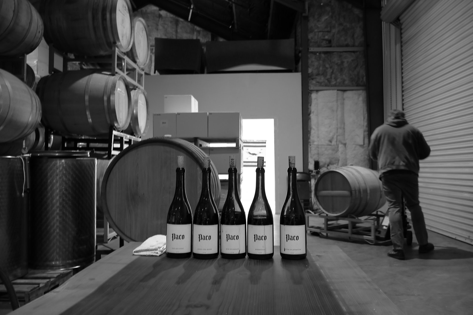 Wine barrel room at Paco Winery