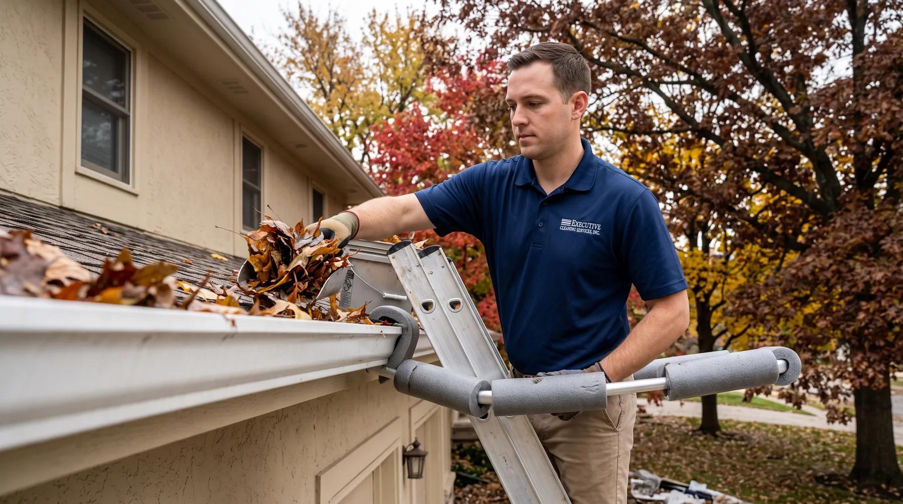 Technician clearing autumn leaves from a gutter on an Omaha home during fall gutter cleaning