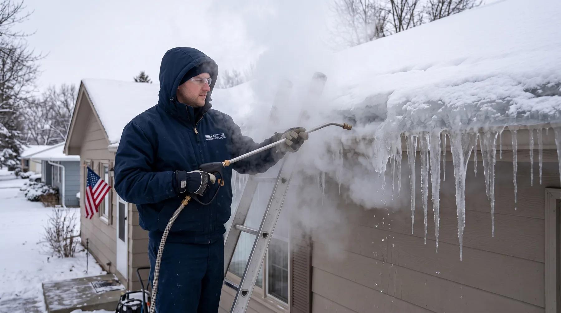 Thick ice dam and icicles along the eave of an Omaha home before ice dam removal