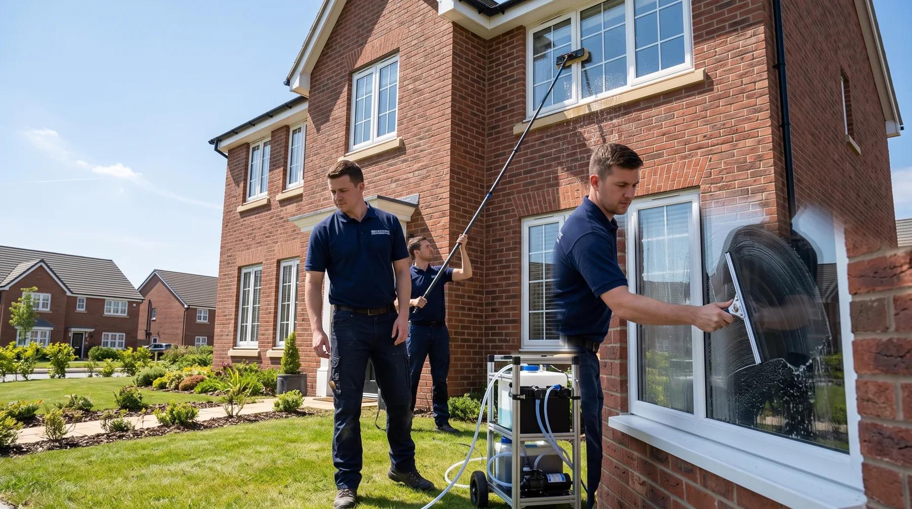 Technician using a water-fed pole for pure water window cleaning on a two-story Omaha home