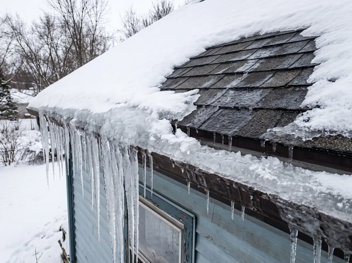 Diagram of a roof ice dam forming when attic heat melts snow that refreezes at the cold eave