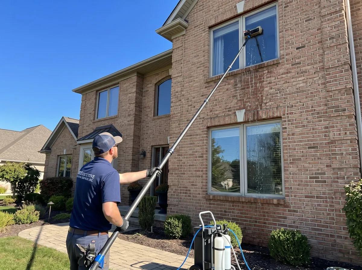 Technician using a pure-water pole to clean upper-story windows