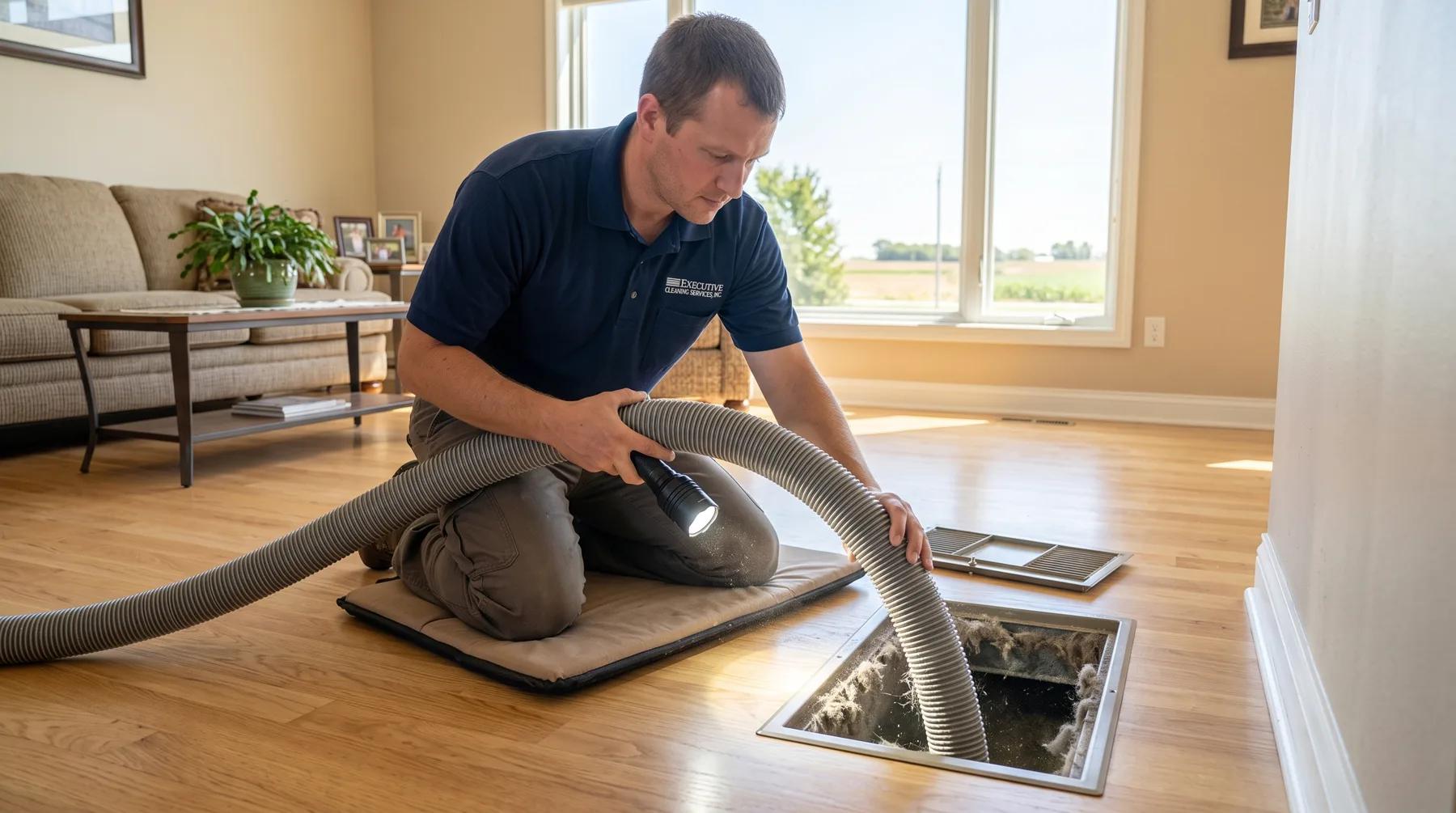 Technician cleaning a supply register as part of air duct cleaning in an Omaha home