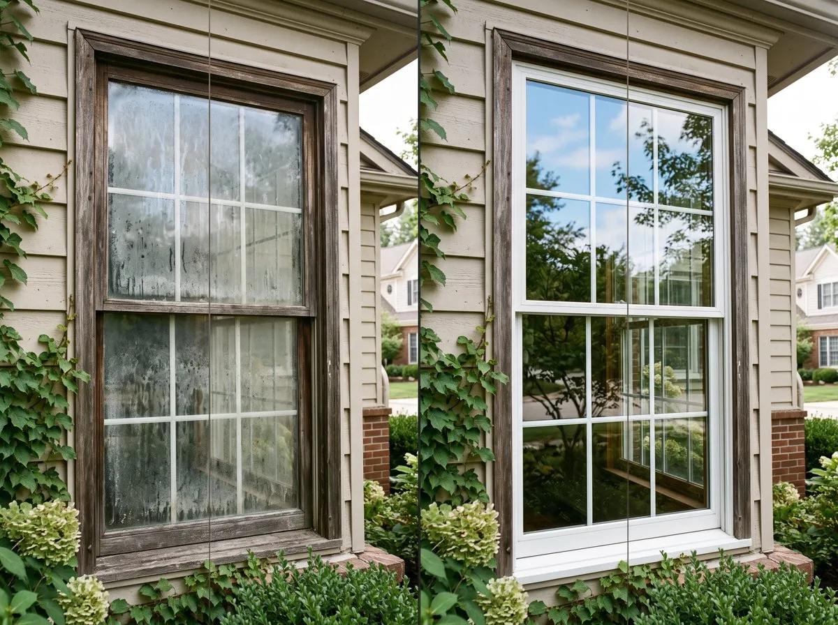 Before and after view of a double-hung window