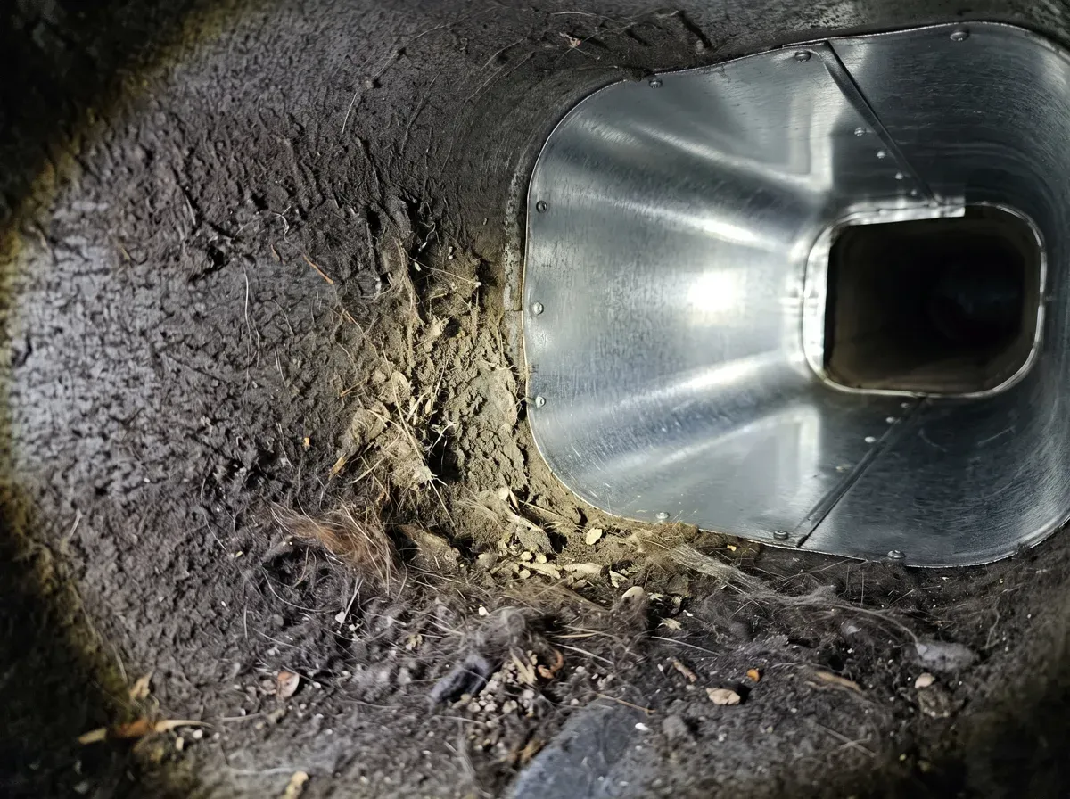 Dust and debris visible inside a floor register, a common sign that air ducts need cleaning