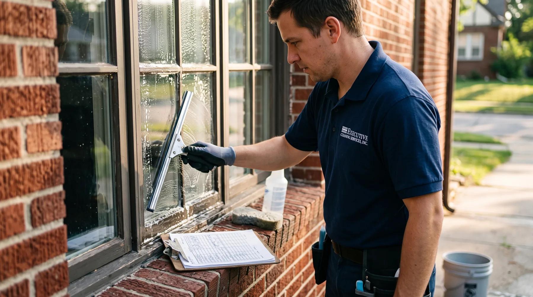 Technician cleaning a double-hung window on an Omaha home, illustrating window cleaning cost per pane